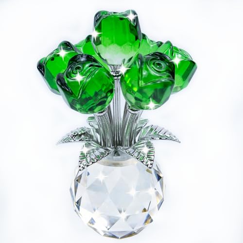 TWINKLING Crystal Roses Figurine with Round Vase, Glass Rose Crystal Flowers Bouquet, Birthday, Anniversary,Wedding, Home Décor,Silver Leaf (Green) - color: Green(silver Leaf)