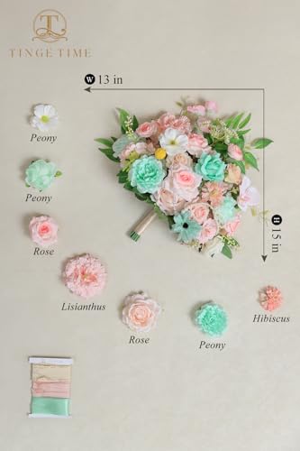 TINGE TIME 13 Inch Wedding Bouquets for Bride,Bridal Bouquet for Bride, Artificial Silk Flowers for Wedding Ceremony and Anniversary (Mint Green & Pink) - color: Mint Green & Pink