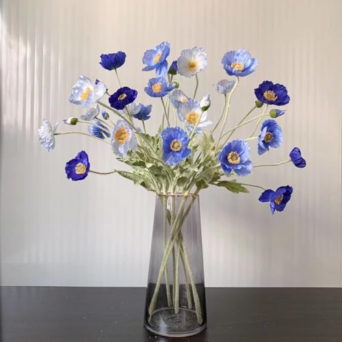 Set of 6 Poppies Flowers Artificial, Real Touch Silk Flowers with Long Stems for Vase, Realistic Faux Wildflowers Arrangement for Home Office Farmhouse Wedding Party Indoor Decor (Dark Blue) - color: Dark Blue
