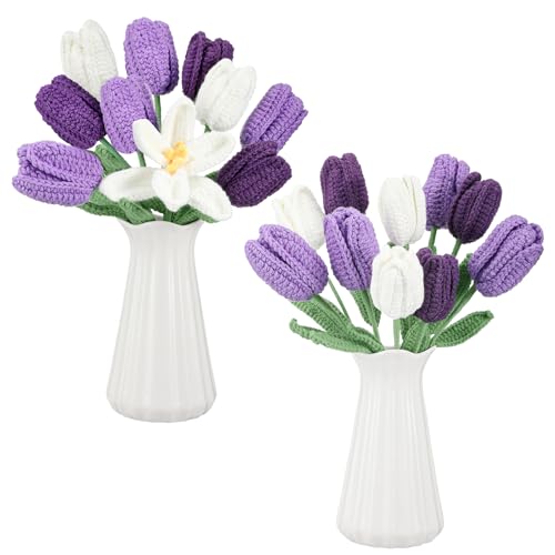 Shihanee 10 Pcs Tulip Crochet Flowers Bouquet Handmade Knitted Flower Decor Birthday Gifts for Women Grandma Spring Home Vase Centerpiece, 13.7", Vase Not Inchluded(Purple, White) - color: Purple, White
