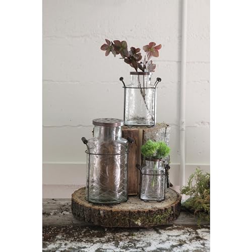 Creative Co-Op Glass vase in Metal Stand with Metal Frog Lid - size: Large