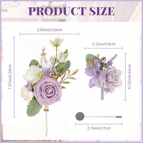 2Pcs Wedding Corsage and Boutonniere Set Purple Rose Corsage Wristlet and Boutonniere for Men Women Groom Bride Bridesmaid Groomsmen Wedding Party Accessory Prom Decoration (Purple) - color: Purple