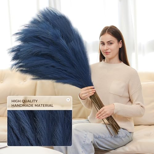 10 Pcs 39''/3.2FT Faux Pampas Grass Decor, Large Tall Fluffy Artificial Fake Flower, Bedroom Decor Boho Decor Pompas Floral for Vase Filler Farmhouse Home Wedding Decor (Blue) - color: Blue