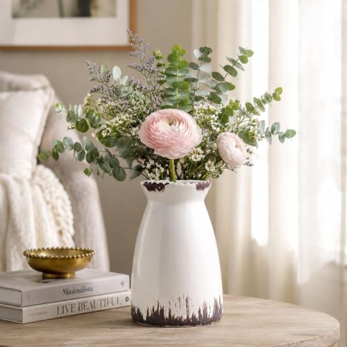 hjn Ceramic Vase Modern Minimalist Table Centerpiece, Round Smooth Flower Holder for Living Room, Shelf, Mantel, Wedding & Home Decor -Cream-7" H - color: White Antique-7inch