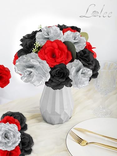 108pcs Roses Head Flowers with Stem - Red & Black Silver Graduation Artificial Flowers Rose Bulk - Silk Rose Fake Flower for Wedding Bouquet Decor DIY Baby Shower Centerpieces Grad Party Tables Decor - color: Silver-red-black