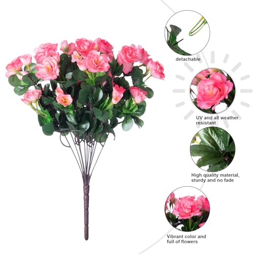 HyeFlora Artificial Faux Outdoor Flowers Plants for Spring Summer Decoration, Fake Silk Camellia UV Resistant Look Real for Planter Outside Front Door Porch Patio Balcony, 3 Large Bundles - color: Dark Pink