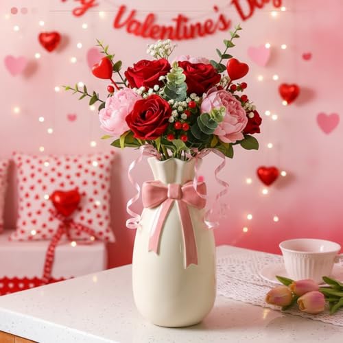 Jingmore Pink Bow Ceramic Vase for Flowers 9.3 Inch Cute Coquette Spring Decorative Porcelain Vase for Fresh/Artificial Flowers Wedding Table Centerpiece Living Room Pink Home Decor