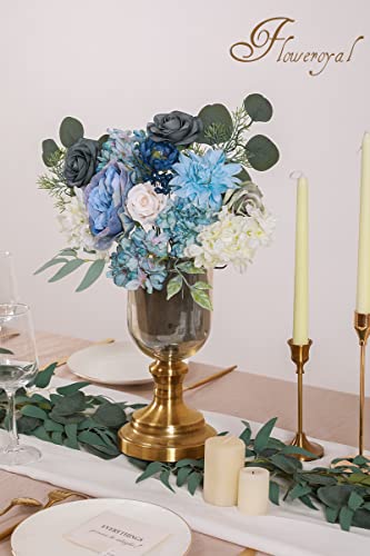 Floweroyal Artificial Flowers Combo Dusty Blue Flowers Mix Silk Flowers Dahlia Roses with Stems for DIY Wedding Bridal Bouquets, Baby Shower, Floral Arrangement, Table Centerpieces, Home Decorations. - color: Blue