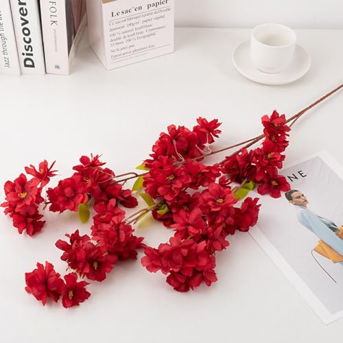 MINGZHE 5pcs Artificial Cherry Blossom Branches Faux Cherry Flowers 39 Inch Peach Branches Silk Tall Stems Fake Flower Arrangements for Home Wedding Table Vase Decor (Red) - color: Red