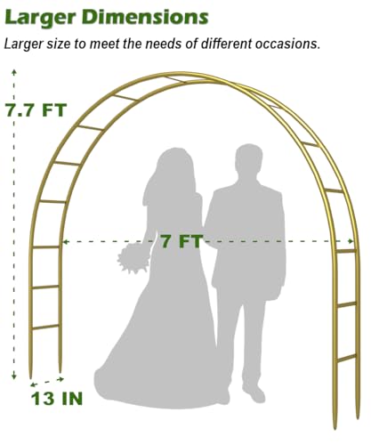 Queension Metal Wedding Arch for Ceremony Party Decoration 7Ft Wide 7.7Ft High,Garden Arch Trellis with Ground Bases for Climbing Plants,Outdoor Garden Arbor for Roses Vines, Round Frame, Gold - color: Gold, size: 7FT