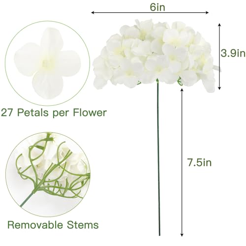 JPSOR 40pcs Artificial Hydrangea Silk Flower Heads with Stems, Fake Flowers for Mothers Day Wedding Centerpiece Home Garden Party Decoration (White) - color: White