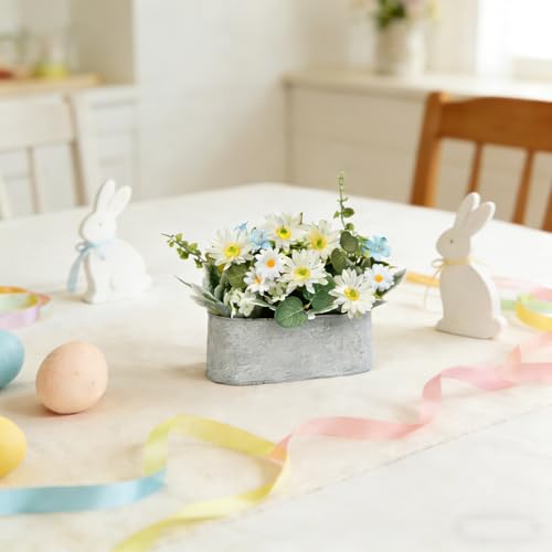 Floral Centerpieces for Tables, 12 Inch Small Artificial Flowers in Metal Pot with White Daisy Arrangement, Farmhouse Fake Potted Faux Plant for Spring Summer All Season Indoor Outdoor Decor