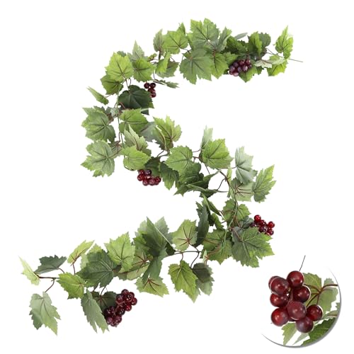 Artificial Grape Vine Leaf Garland Plant with 5 Strings Grapes, 6.5ft Artificial Fake Grape Vines Spring Fake Greenery for Wedding Party Home Indoor Outdoors Decoration - color: Spring Grape Leaf-1pc