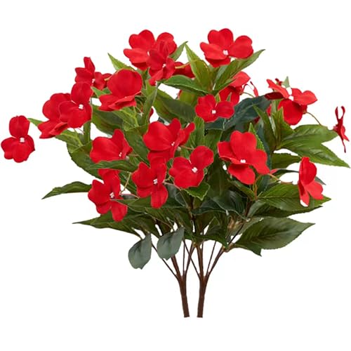 FERIAL 2PCS Artificial Impatiens Bouquet Faux Impatiens Bushes Red for Outdoors Pot Hanging Basket Porch Window Box Patio Lawn Garden Wedding Decoration… - color: Red