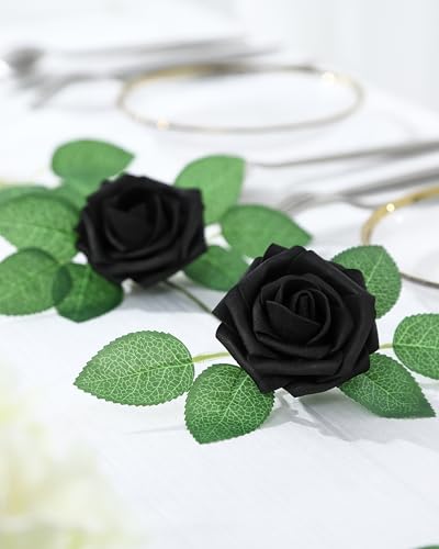 DuHouse 50Pcs Artificial Roses Flowers Fake Roses with Stems Real Touch Foam Flowers for DIY Wedding Bouquet Party Centerpiece Floral Arrangement Party Home Decor(Black) - color: Black, size: 50pcs