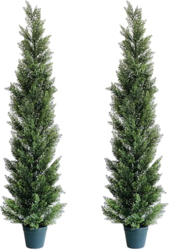5 Feet Outdoor Artificial Topiary Cedar Tree, Set of 2 UV Resistant Potted Faux Cedar Trees for Outdoors and Indoors, Decorative Fake Shrubs Topiary Trees for Home Living Room Front Door Decor - size: 5ft