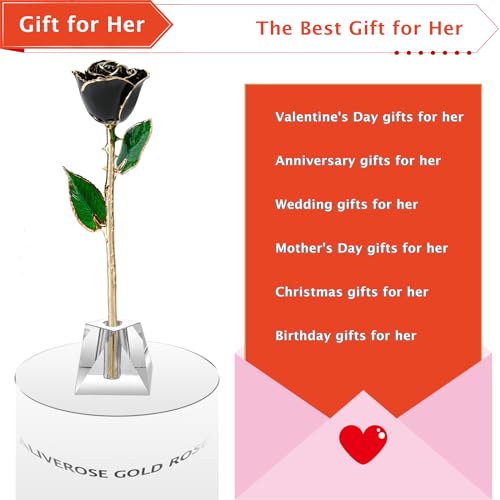 AliveRose Anniversary Day Gift for Girlfriend Roses, Unique Design Gold Plated Rose for Anniversary Valentines Mothers Day Birthday Gifts (Balck Handmade with Crystal Vase) - color: A8. Black Handmade Rose White Crystal Vase