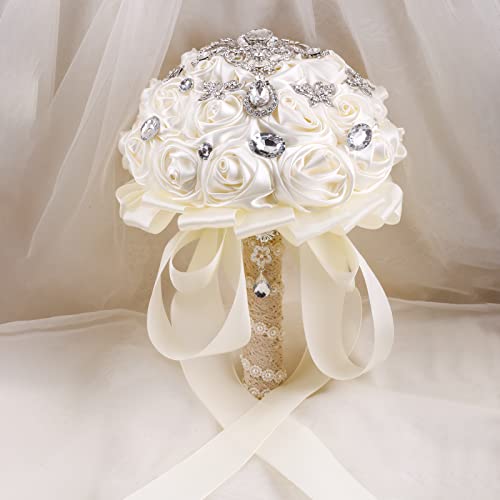 Handmade Brooch Wedding Flowers Bridal Bouquets Crystal Bride Holding Bouquet White Ivory Satin Roses with Diamond Pearl Ribbon (Luxury-White) - color: White