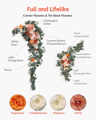 VEVOR Artificial Wedding Arch Flowers Kit, Orange Wedding Arch Flowers with Drapes Kit (Pack of 5) - 2 Pcs Floral Arrangement, 3 Pcs Sheer Drapes, for Ceremony Bouquets Reception Backdrop Decoration - color: Terracotta, size: 5 Pcs