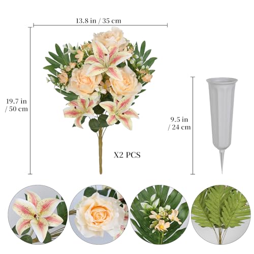 2Sets Artificial Cemetery Flowers with Cemetery Vase Artificial Rose Lily Memorial Graveyard Bouquets for Memorial Day Cemetery Headstones Outdoor Grave Decorations(Champagne) - color: Champange