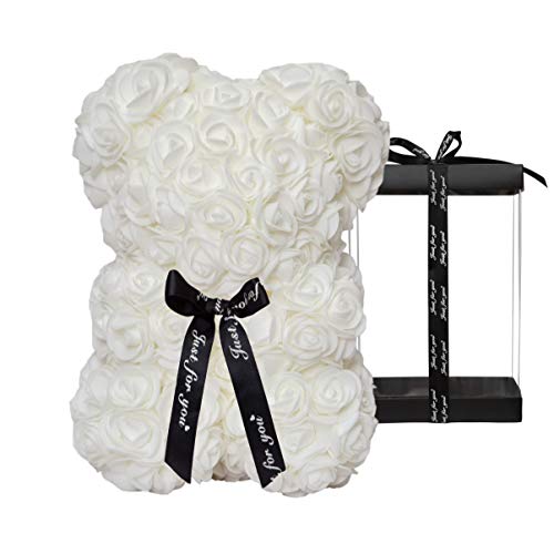 DuHouse Rose Bear Rose Teddy Bear Flower Gift Black Box for Valentines Gifts Anniversary Christmas,Birthdays Bridal Showers -Fully Handmade 10 inch Flower Bear Clear Gift Box(White) - color: White