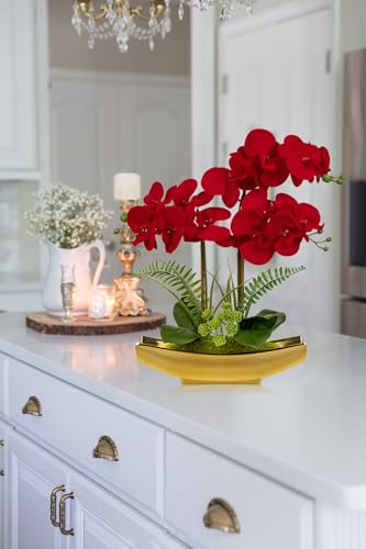 Briful Orchid Artificial Flowers 17" Silk Red Orchid Floral Arrangement with Gold Pot Real Touch Faux Orchid Plant for Home Office Room Kitchen Table Centerpiece Shelf Decor - color: Red Gold