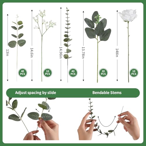 120 Pcs Mixed Artificial Eucalyptus Leaves Stems Bulk,Baby Breath Artificial Flowers Bulk with Eucalyptus Leaves Greenery Stems for DIY Bouquets Wedding Floral Home Decor (Green+White-120pcs) - color: Green+white-120pcs