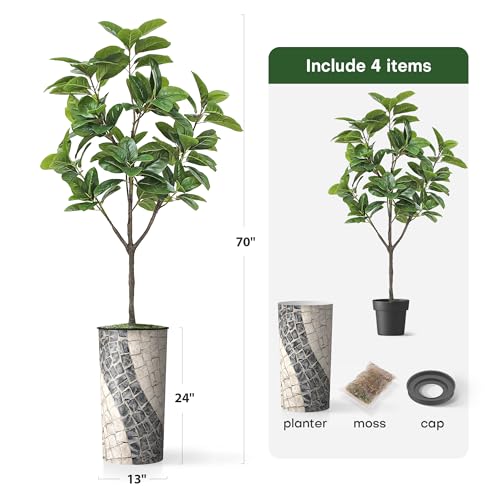 Artificial Tree in Geometric Pattern Planter, Fake Rubber Silk TRE for Indoor and Outdoor Home Decoration - 70" Overall Tall (Plant Pot Plus Tree) - style: Magnolia Tree