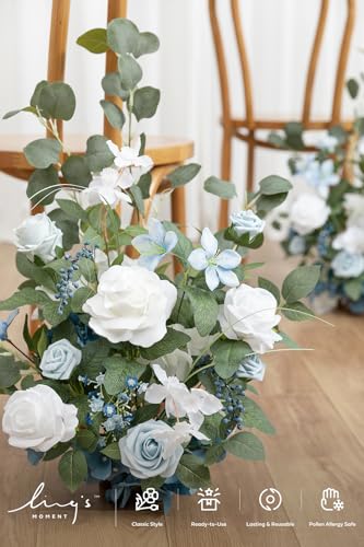 Ling's moment 17.5" Tall Free Standing Artificial Flowers Arrangements 2 pcs Wedding Aisle Runner Chair Decorations Dusty Blue & White Centerpieces for Ceremony Reception Rose Floral Party Outdoor - color: Blu-dusty Blue & White