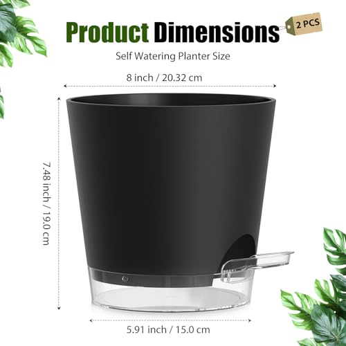 Plant Pots 8 Inch Self Watering Pots, 2 Pack Plastic Planters with Drainage Holes and Clear Saucers,Plastic Flower Pots for Indoor Out Door Plants (Black) - color: Black, size: 8 inch