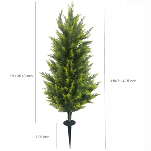 3.5 FT Artificial Cedar Topiary Trees with Ground Spikes, Set of 2 Realistic Faux Cypress Trees UV Resistant Artificial Topiary Shrubs Fake Bushes for Indoor Outdoor Porch Garden