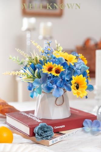 WELL KNOWN Small Fake Flowers in Plastic Vase 7" Centerpieces Coffee Table Decor, Silk Sunflower Arrangement for Home Decor Artificial Flower Bouquet for Dining Room Kitchen Wedding Summer Yellow Blue - color: Sunflowers & Blue