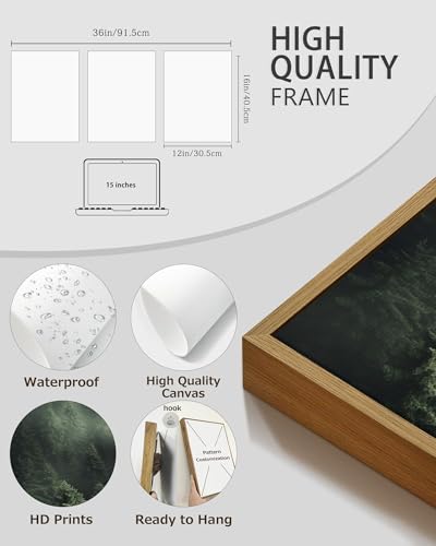 PHOPAGO Green Fog Pine Tree Framed Wall Art Nature Misty Nordic Forests Artwork Morden Paints for Living Room Hallway Decor - 12x16in Natural Framed - color: Green Pine Forest, size: 16L" x 12W" x 3 Pcs Natural