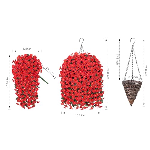 HyeFlora Artificial Fake Hanging Flowers Plants Basket for Outdoor Outside Spring Summer Decor, Faux Silk Red Daisy Flower Look Real UV Resistant Orchid Vine Plant for Porch Garden Yard Patio Home - color: Red Daisy