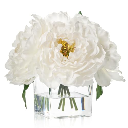 Artificial Peonies Flowers Arrangement in Cube Glass Vase, WELLKNOWN Ivory White Silk Flowers Centerpiece for Home Party Wedding Dining Coffee Table Decor, Faux Peony Flower Bouquet with Fake Water - color: Ivory White