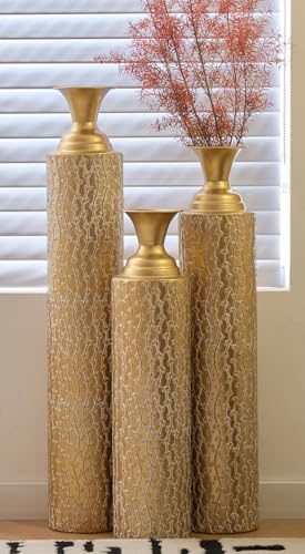 Tall Floor Vases Set of 3 for Decor Living Room Floor, Gold Vases Home Decor, Embossed Body Pattern, 33.85" H/29.13" H/24.8" H Geometric Cylinder (Gold 4) - color: Gold 4