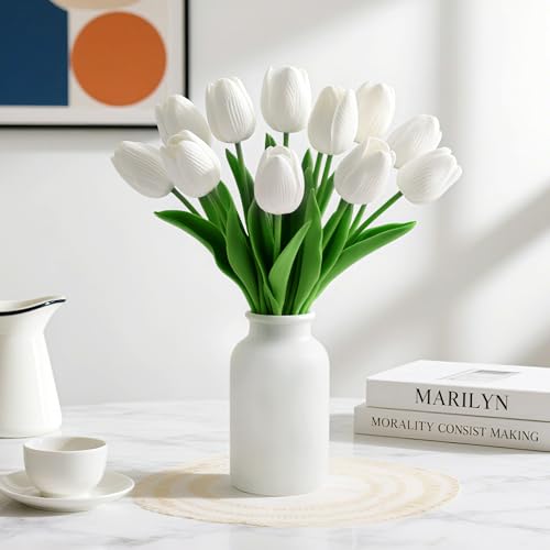 20 Pcs White Fake Tulips Artificial Flowers 13" Faux Flowers Real Touch PU Tulips Bouquet for Mother's Day Floral Arrangement Home Kitchen Table Wedding Decorations - color: White