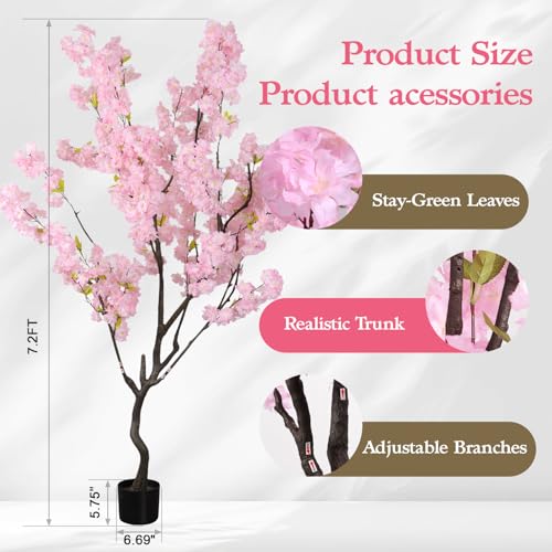 7.2ft Artificial Cherry Blossom Tree for Indoor Decor,Nearly Nature Pink Silk Flowers Fake Tree Tall,Realistic Faux Cherry Plant Tree for Christmas New Year Decor - color: Pink-ap20