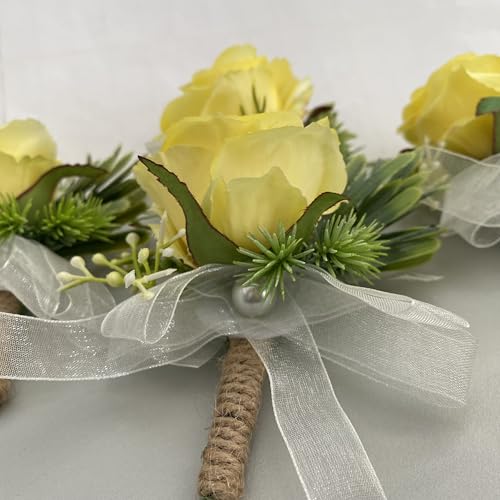 Corsage and Boutonniere Set, Handmade Artificial Peony Rose Wrist Corsage Wristlet and Groom Boutonniere for Men Wedding Prom Suit Decorations (Yellow & Green) - color: Yellow & Green