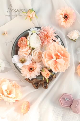 Floroom Mini Artificial Flower Heads Apricot Peach & Soft Cream Fake Peony Daisy Rose Multicolor Small Faux Silk Flower Heads for Cake Craft Garland Wedding Party Graduation Cap DIY Home Decoration - color: Soft Cream