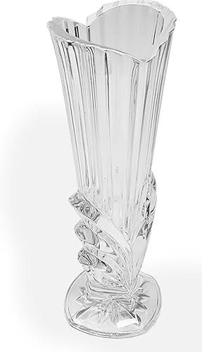 Crystal Deco Heart Flower Vase, Late 20th Century Style, 8 Inch Height, 7 Ounce Capacity, Clear Glass with Vertical Ridges
