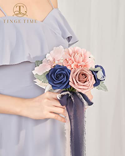 TINGE TIME 7inch Wedding Bouquets for Bridesmaid, Artificial Flowers Cascading Bridal Bouquet for Wedding (Dusty Rose & Navy Blue, Set of 4) - color: Dusty Rose & Navy Blue