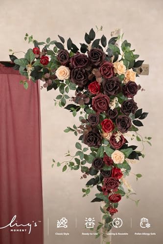 Ling's moment Wedding Arch Flowers - 6.5FT Floral Garland for Ceremony Arbor Backdrop Decoration - Artificial Rose Floral Swag for Sweetheart Table Birthday Party, Baby Shower, Masala Red - color: Blk-bordeaux Red