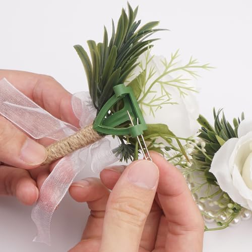 2Pcs White Rose Corsage Wristlet and Boutonniere for Men Set - Perfect For Prom Decorations Weddings Party Suit Flower Accessories - color: White Rose