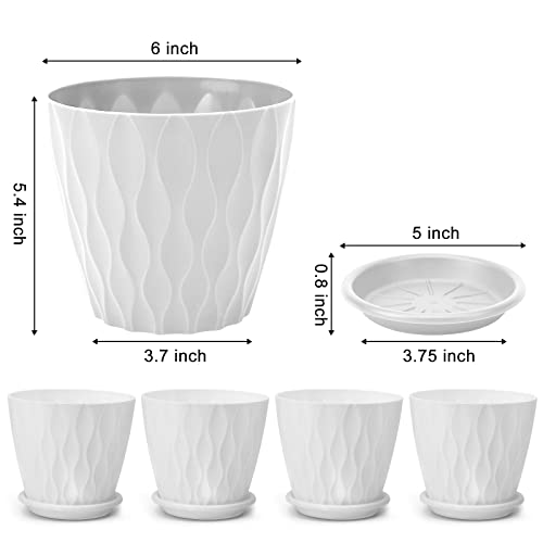 YNNICO 6 inch Plant Pots, 5 Pack Flower Pots Outdoor Indoor, Planters with Drainage Hole and Tray Saucer（White - color: White, size: 6 inch
