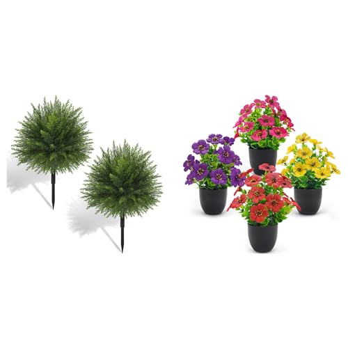 Der Rose Bundle of 23" Artificial Cedar Topiary Ball Trees and 4 Pack Small Fake Plants Spring for Front Porch Garden Decor
