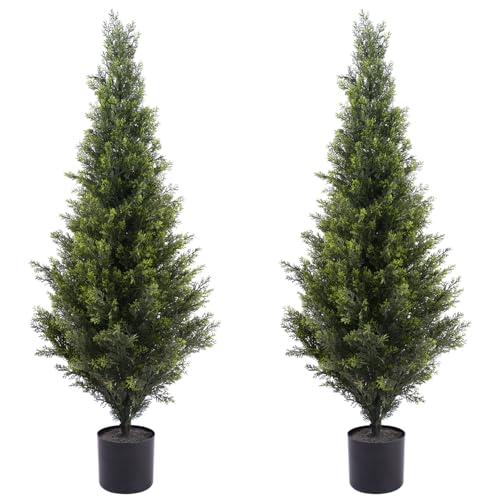 Artificial Cedar Topiary Trees 3FT Tall 2 Set,Outdoor Indoor Realistic Faux Pine Plants,Fake Outdoor Plant Fake Trees for Front Porch Garden Decor