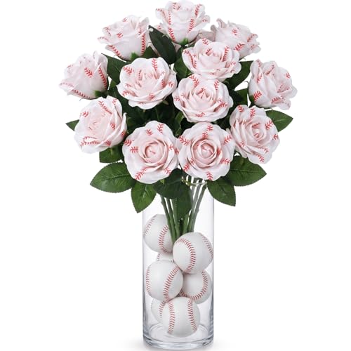 Suhine 12 Pcs Artificial Baseball Rose Flowers Sports Party Favors Bulk for Birthday Graduation Wedding Party Decorations Table Centerpieces Game Prizes Senior Night Gifts (Baseball Color, Large) - color: Baseball Color, size: Large