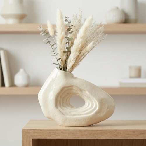 Sunddo Donut Vase, 7 Inch White Ceramic Vase for Modern Home Decor - Small Boho Style Decorative Vase for Flowers, Bathroom, Desk, Kitchen Table, Shelf Centerpiece - color: White, size: 7 inch
