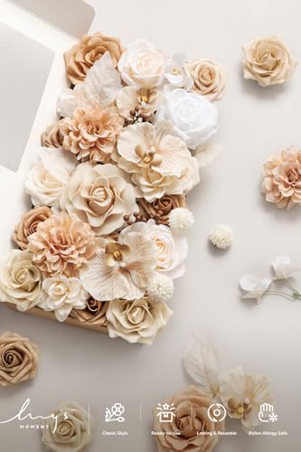 Ling's moment Fake Flowers Box, Faux Artificial Greenery Stems Foam Roses Gardenias Silk Orchids Fabic Flower for Centerpieces Bouquet Wedding Vase Floral Decorations, Tawny Beige, Deluxe Combo - color: Beg-tawny Beige, size: Deluxe